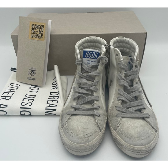 BRAND NEW GOLDEN GOOSE DELUXE SLIDE HIGH TOP LEATHER WHITE GRAY SNEAKERS - Picture 4 of 10